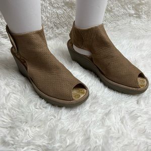 Fly London Yahl Leather Peep Toe Wedge Perforated Leather